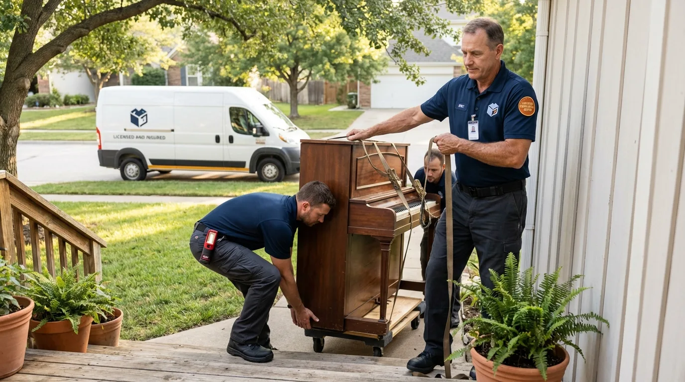 Licensed piano movers securing grand piano in Standish, MI