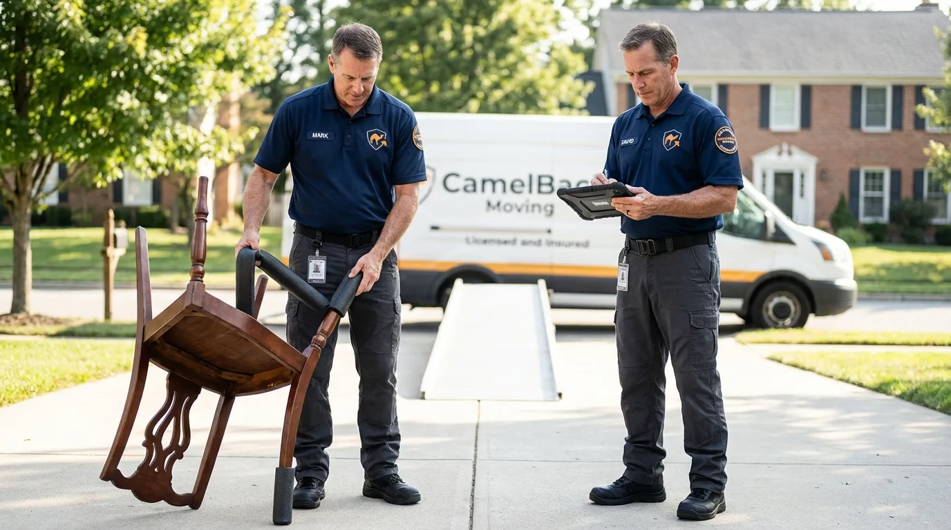 Movers inspecting furniture for damage prevention before loading in Standish, MI