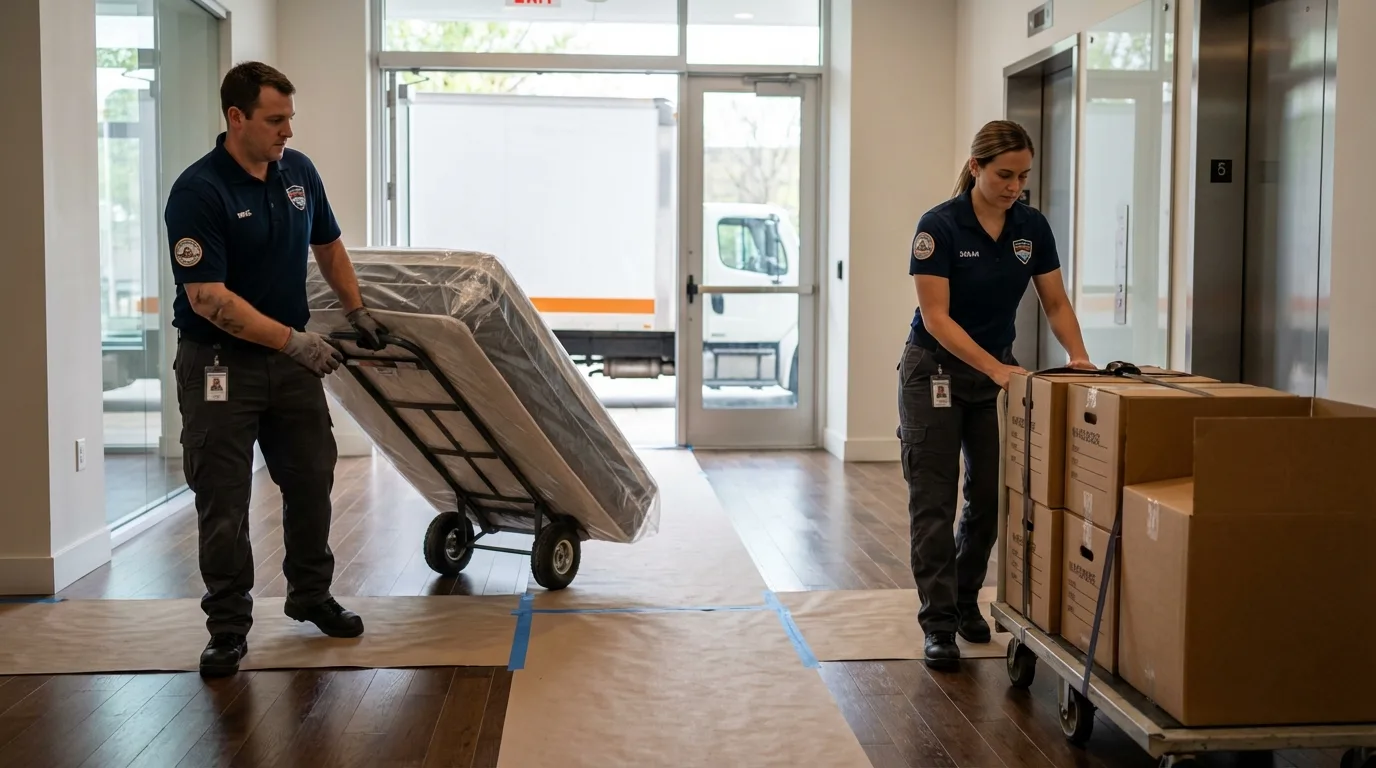 Professional apartment movers loading elevator in Standish, MI
