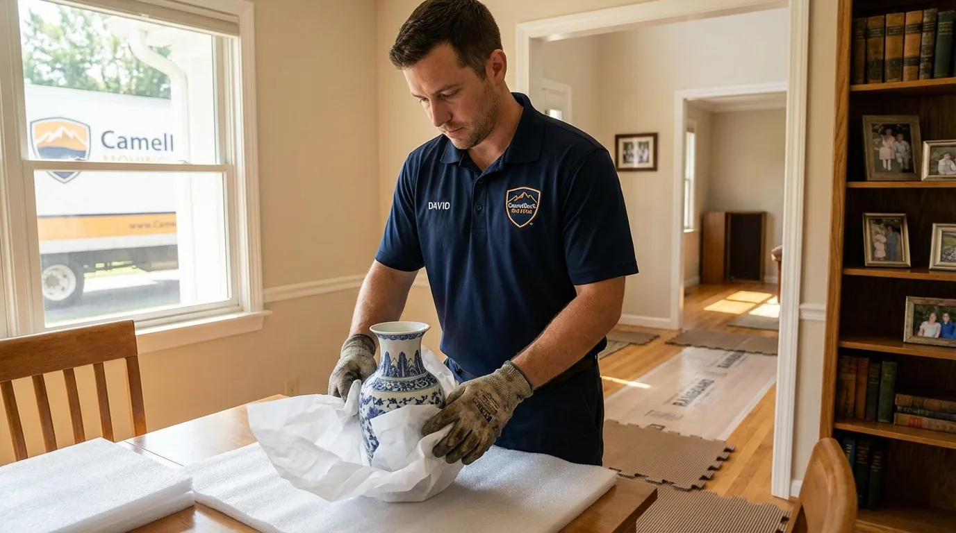Professional crew carefully wrapping antique vase for senior downsizing move in Standish, MI
